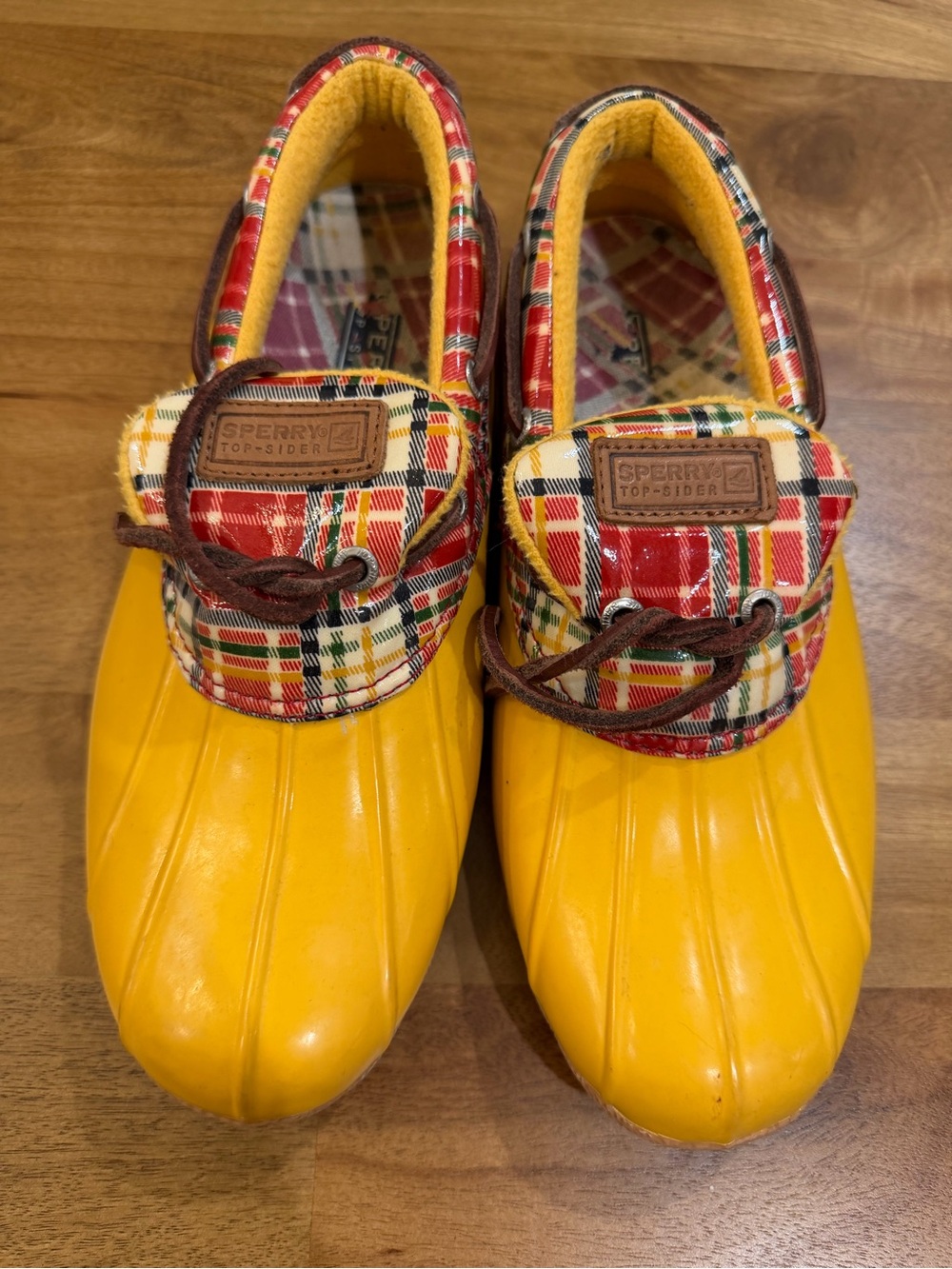 Sperry Yellow and Red Plaid-Trim Duck Boots w/ Leather Laces Women’s Size 8